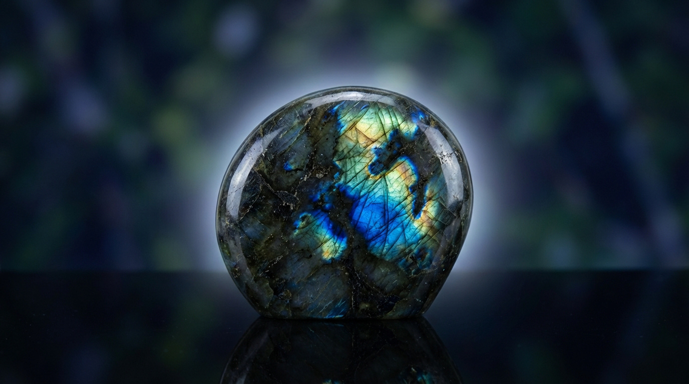 Gros plan d'une pierre de labradorite polie et sombre, illuminée par des irisations chatoyantes bleues, vertes et dorées, posée sur une surface réfléchissante.